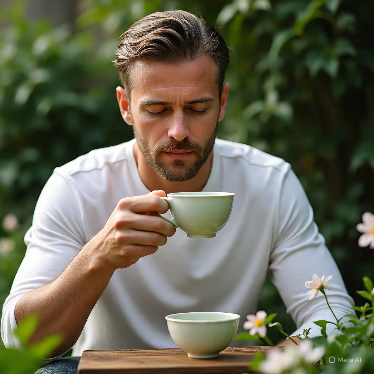 Seorang pria sedang meminum green tea.