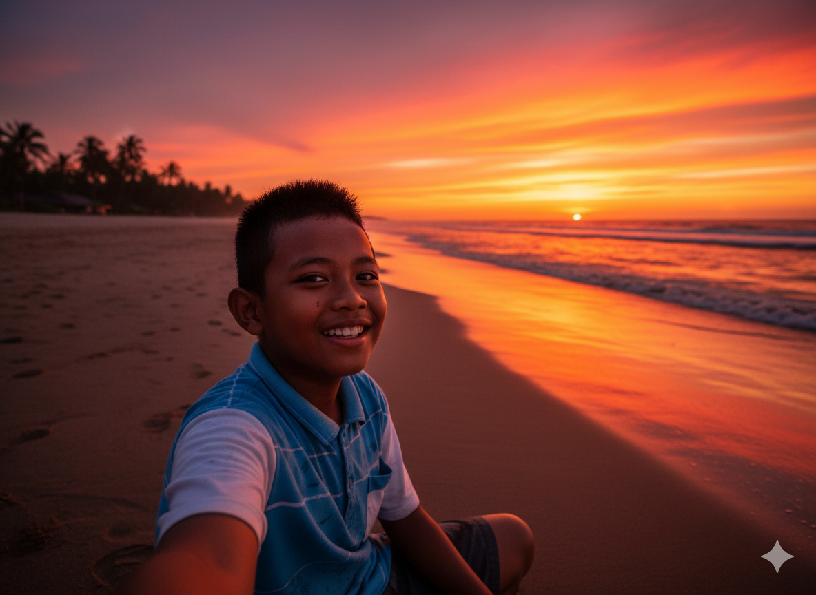 Seorang anak sedang menikmati senja di pinggir pantai.