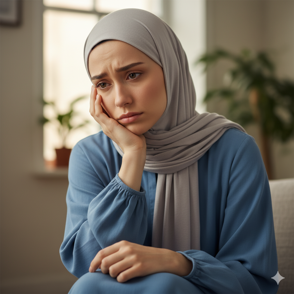 Seorang wanita Muslim sedang sedih karena mengalami deskriminasi setelah tragedi 911.