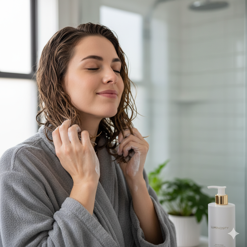 Seorang wanita sedang menggunakan produk masker rambut.
