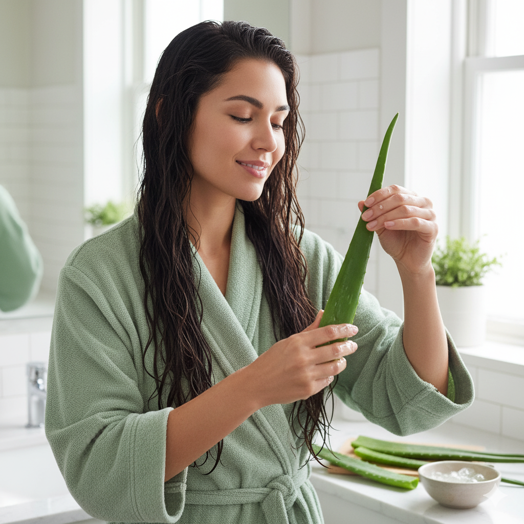 Seorang wanita sedang menggunakan lidah buaya untuk memanjangkan rambut.