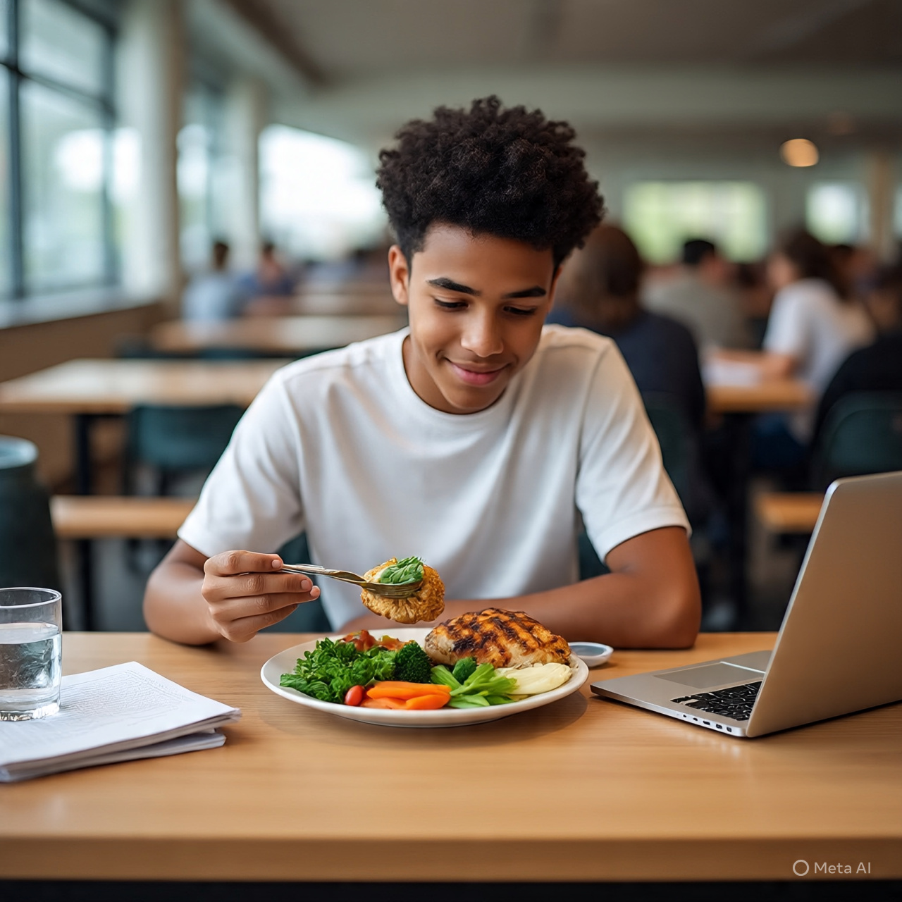 Seorang mahsiswa sedang memakan makanan sehat.