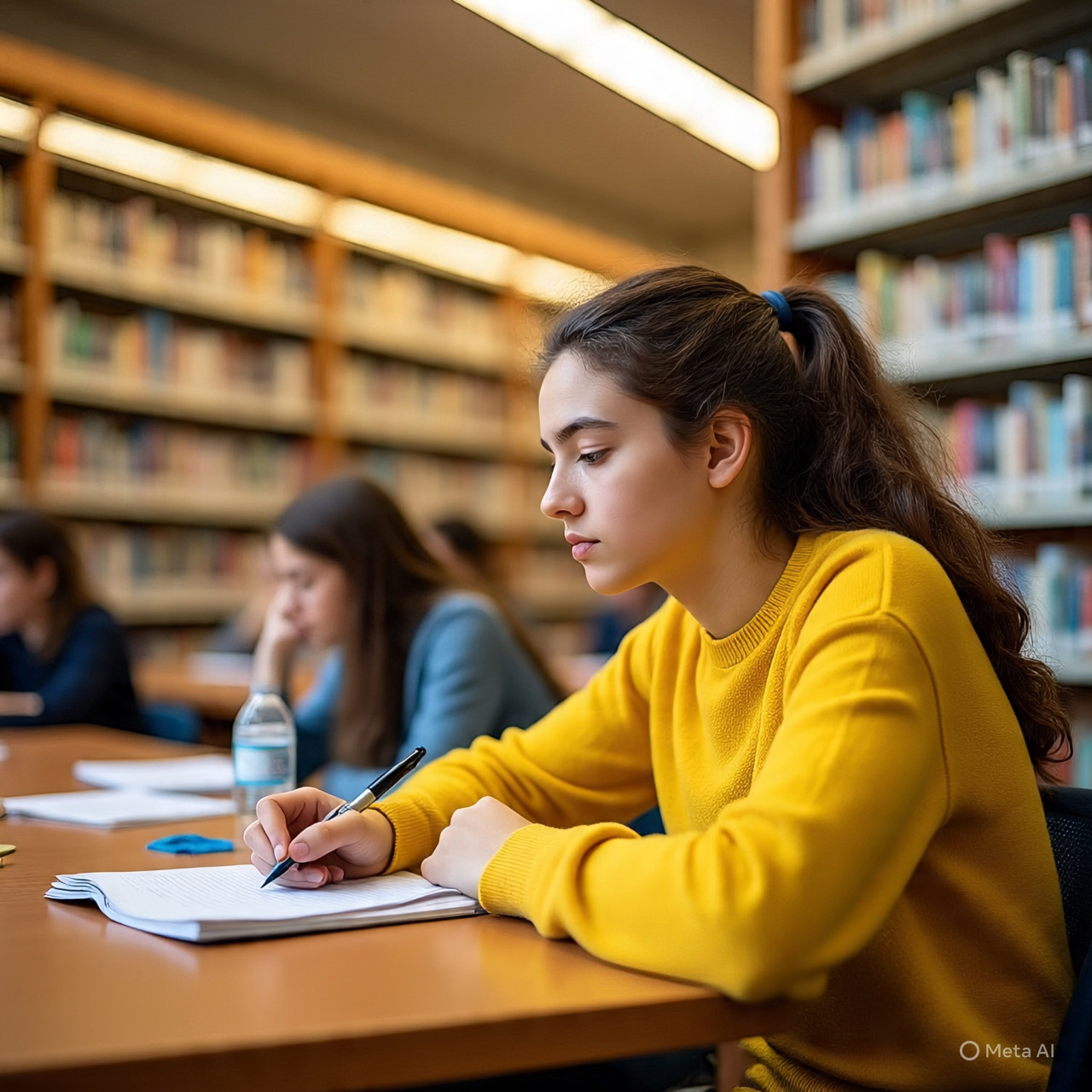 Seorang mahasiswa sedang mengerjakan tugas di perpustakaan.