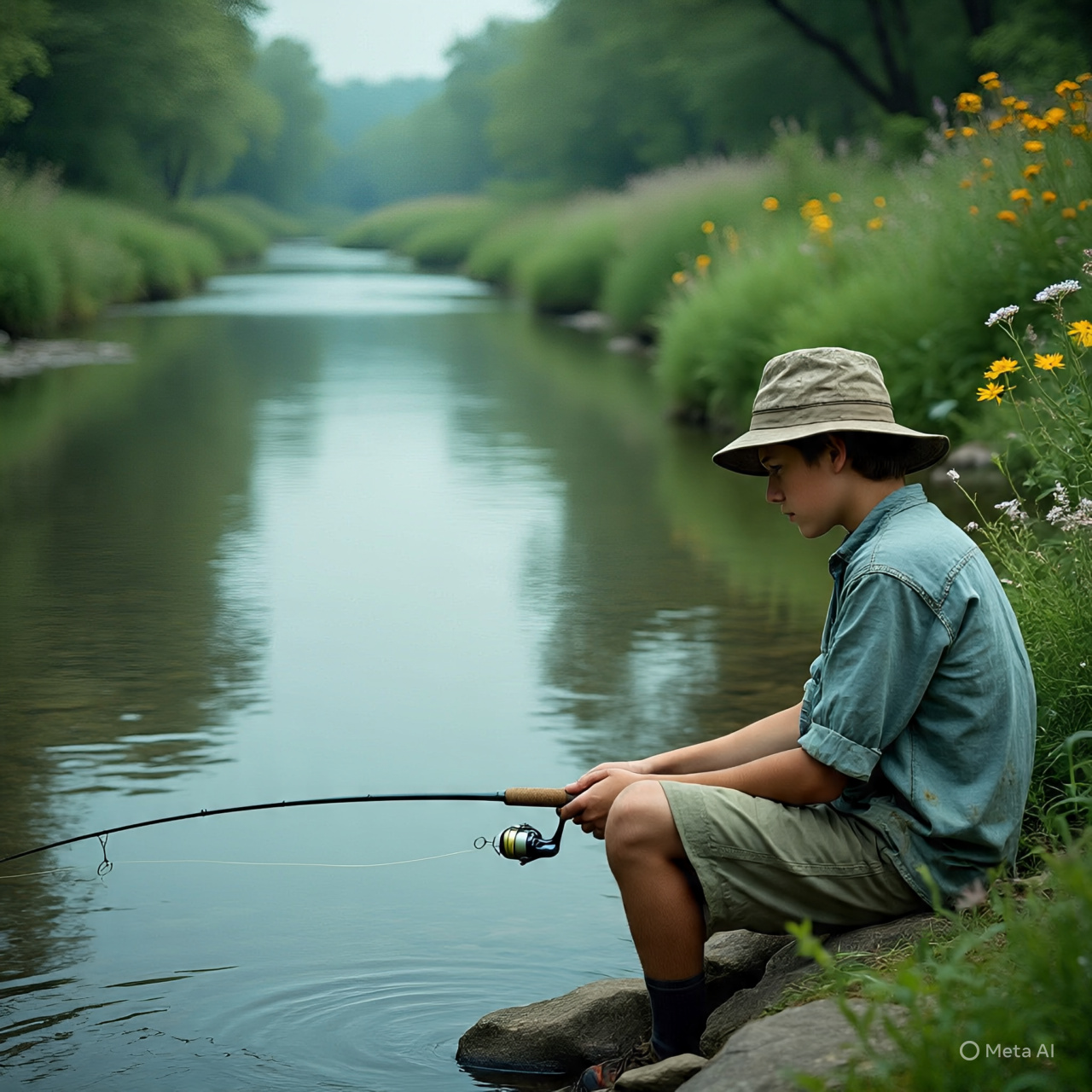 Seorang anak introvert sedang memancing di pinggir sungai.