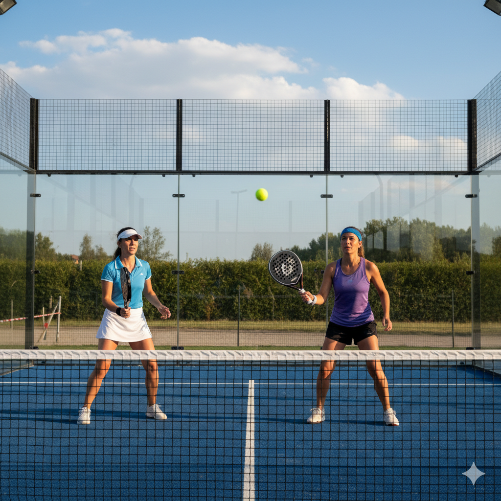 Dua orang wanita sedang berolahraga padel.