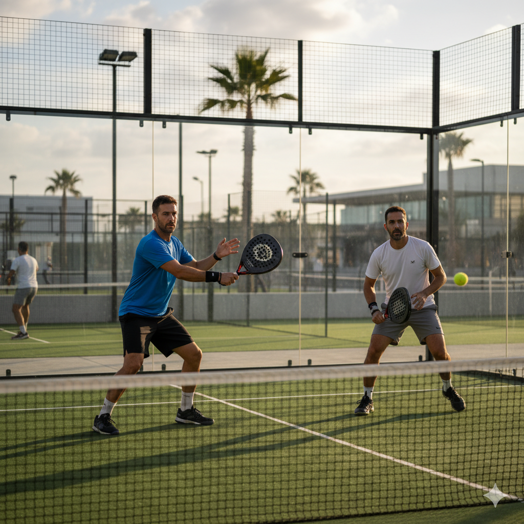 Dua orang pria sedang bermain padel.
