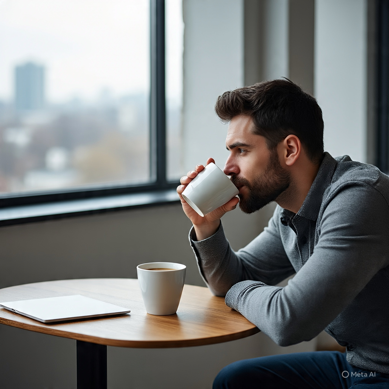 Seorang pria sedang meminum kopi sebagai self reward setelah selesai bekerja.