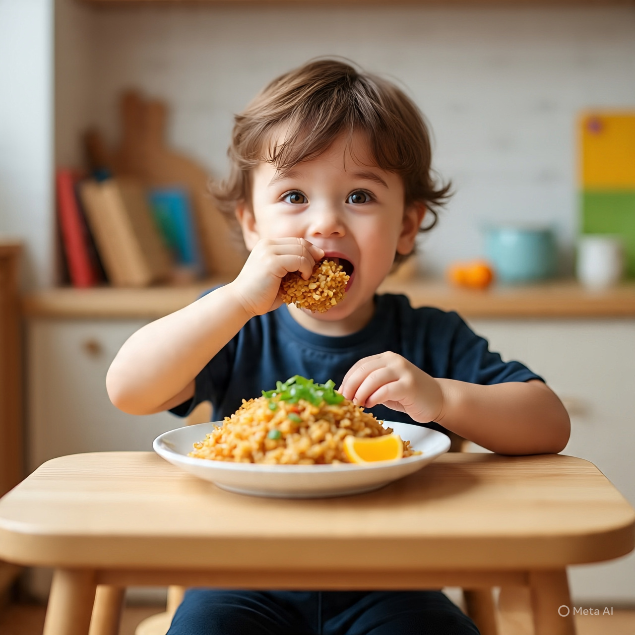 Seorang anak yang sedang memakan nasi goreng favoritnya sebagai self reward telah membereskan mainannya.
