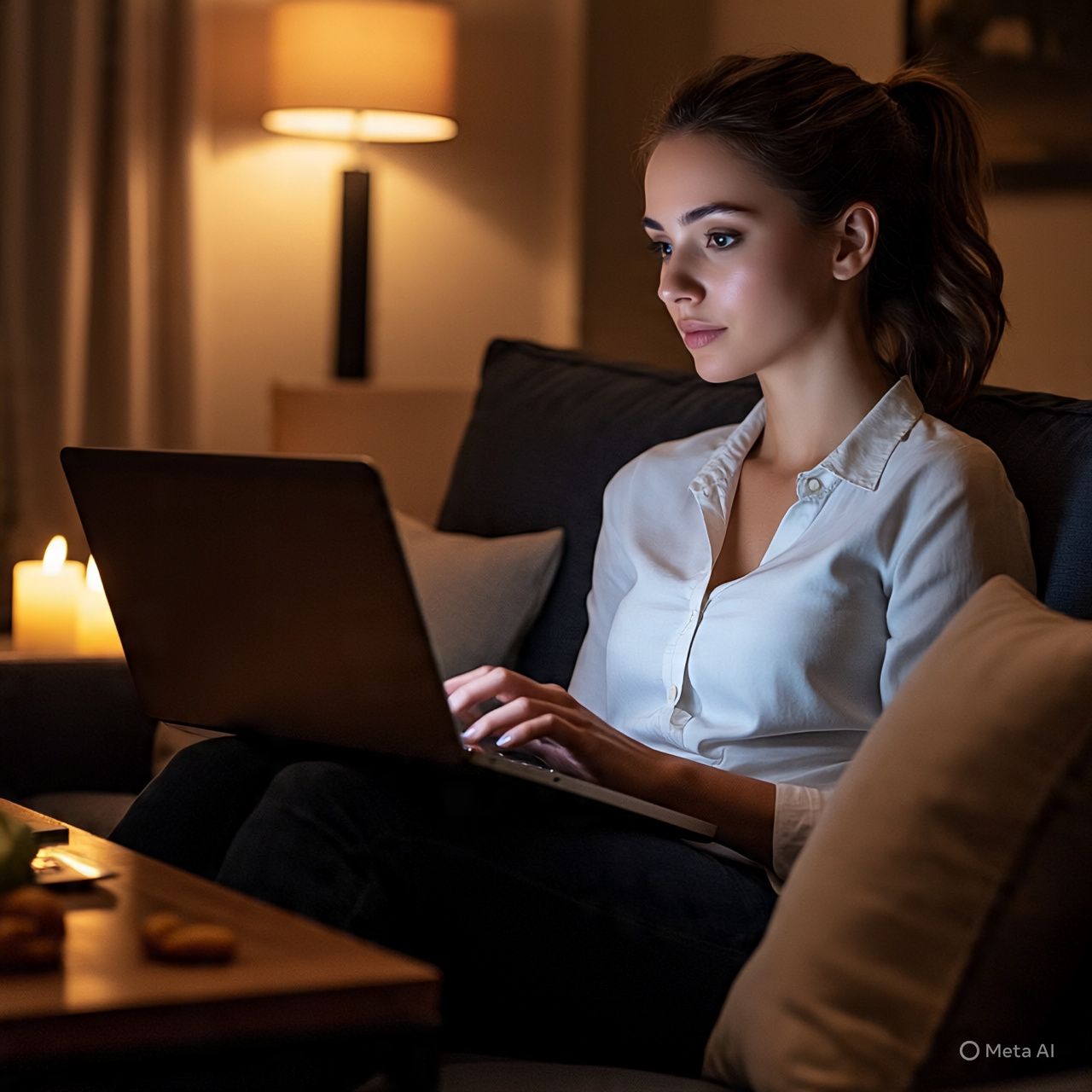 Seorang wanita sedang menonton film sebagai self reward setelah bekerja seharian penuh.