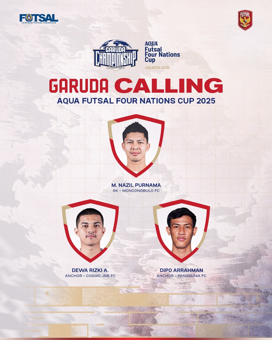 Tiga nama baru timnas futsal Indonesia jelang laga Aqua Futsal Fournations Cup 2025.