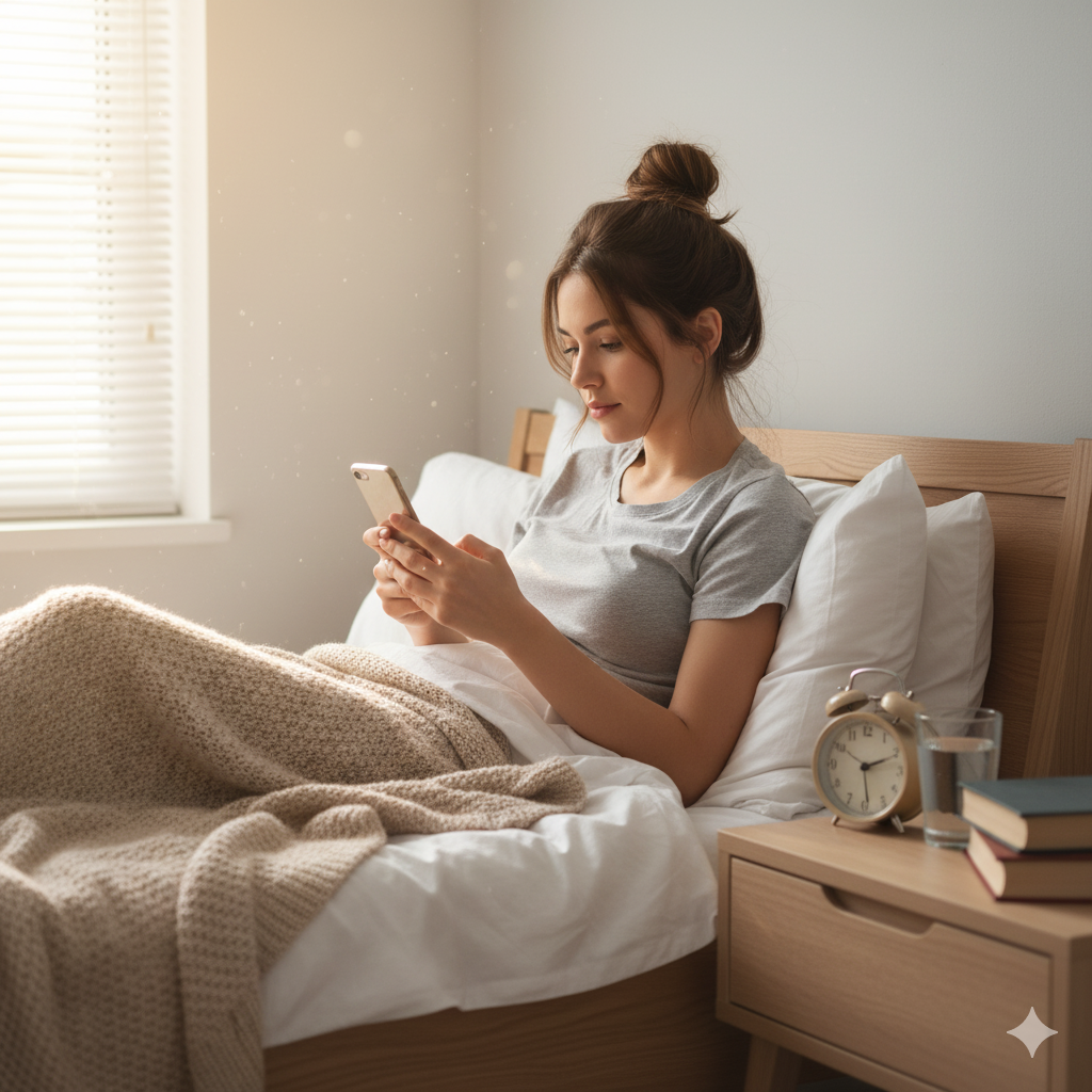 Seorang wanita yang sedang membuka hp setelah bangun tidur.