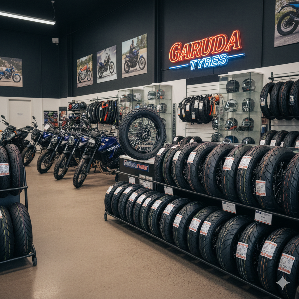 Sebuah toko ban motor yang menjual berbagai jenis ban motor.