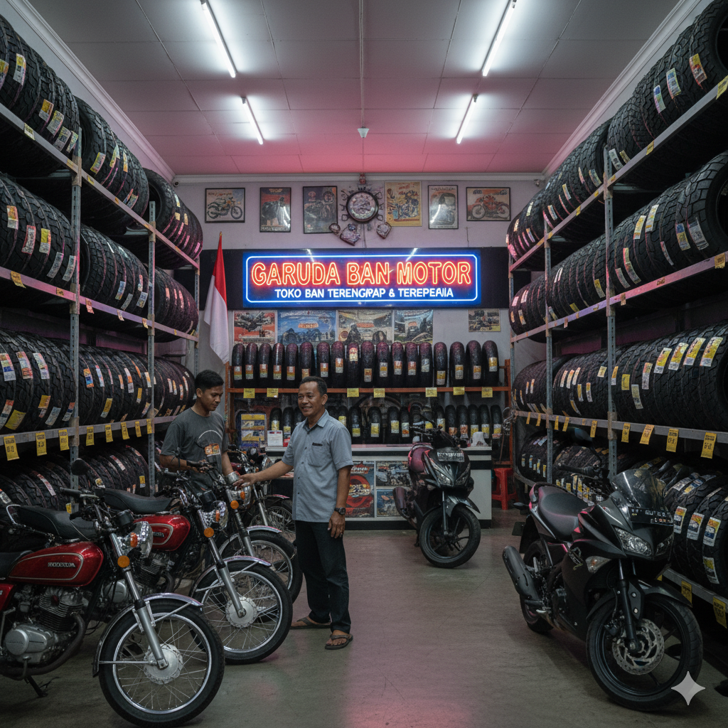 Sebuah toko ban motor yang menjual berbagai jenis ban motor.