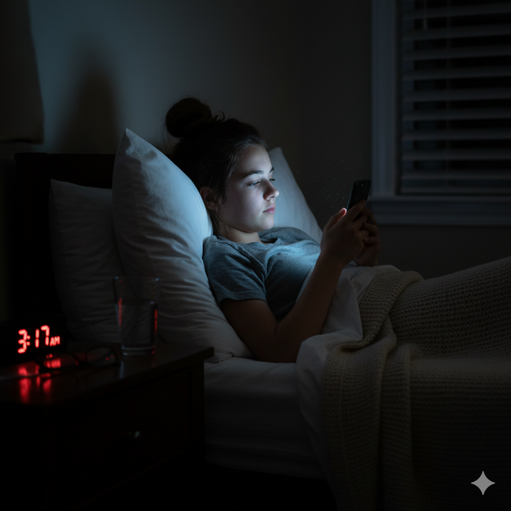 Seorang wanita yang langsung membuka Hp setelah bangun tidur.
