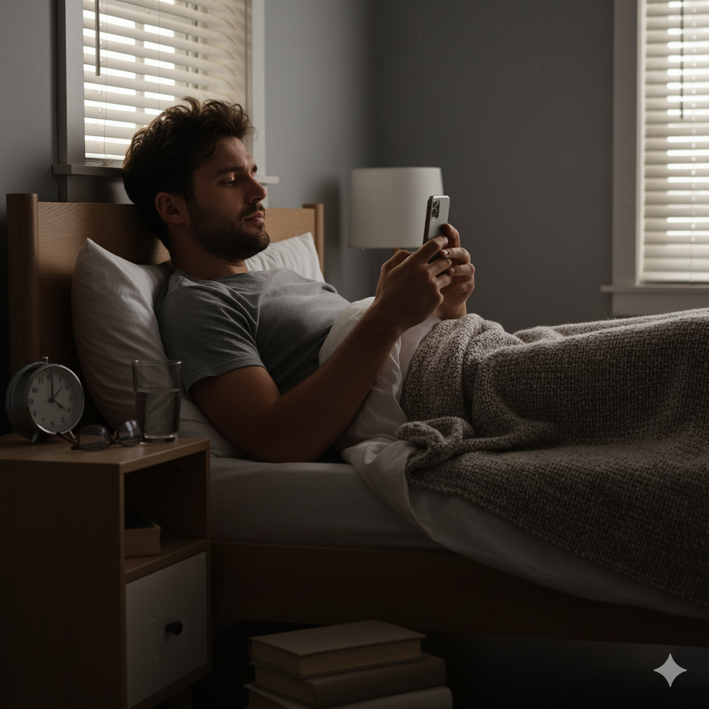 Seorang pria yang langsung membuka Hp setelah bangun tidur.