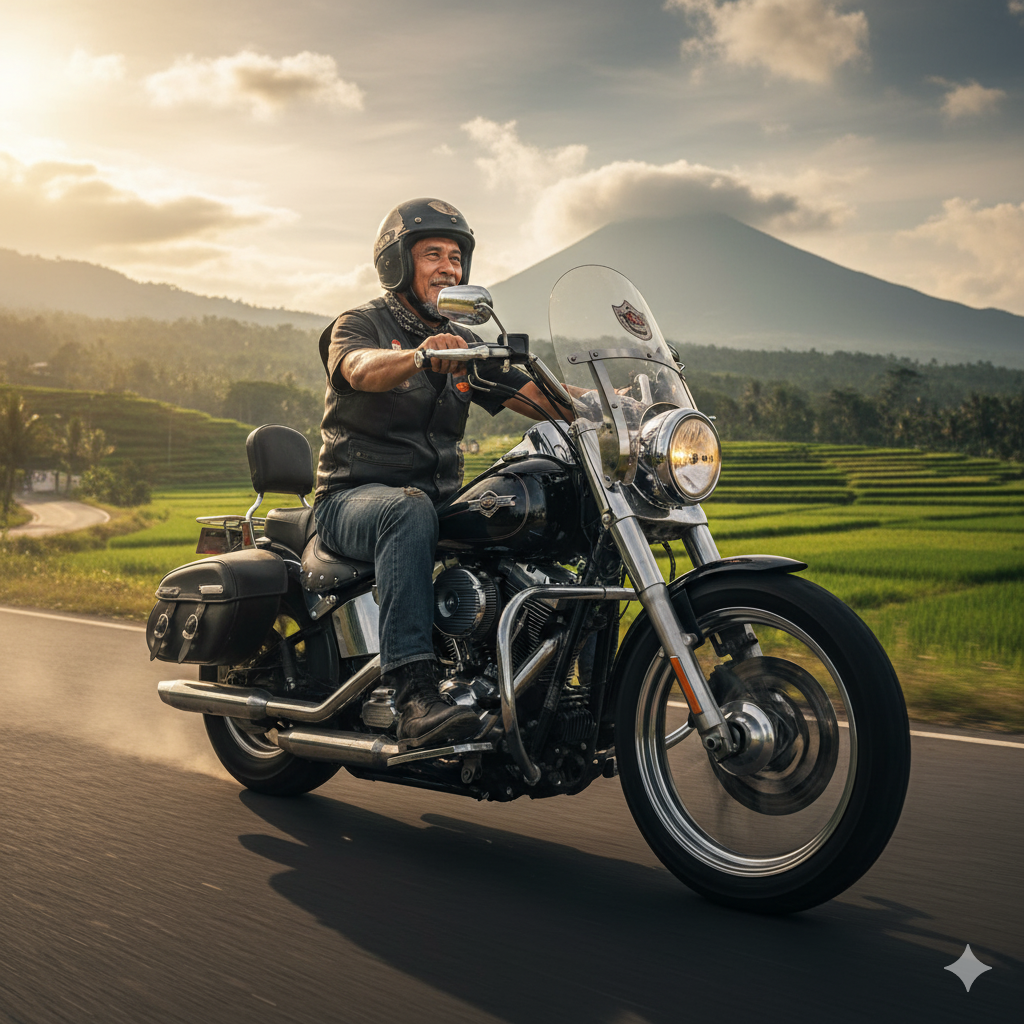 Seorang pria sedang touring di area perdesaan.