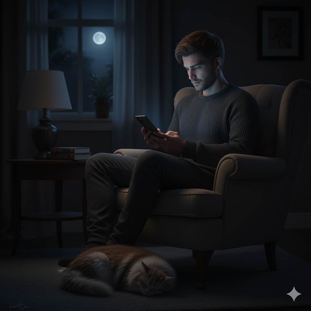 Seorang pria yang sedang membuka hp di kamar yang gelap.