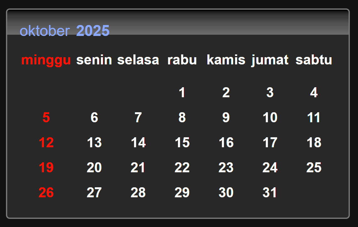 Kalender bulan Oktober 2025.