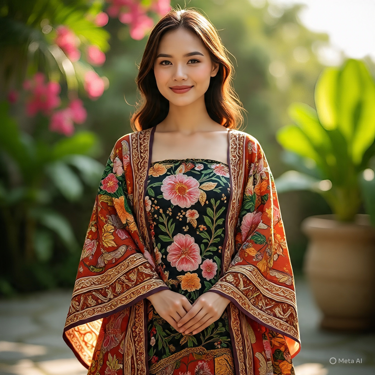 Seorang wanita menggunakan pakaian batik.