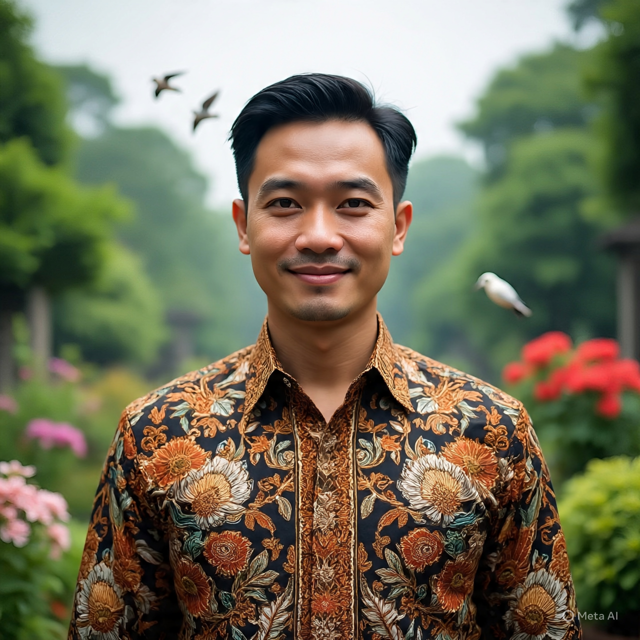 Seorang pria menggunakan baju batik.