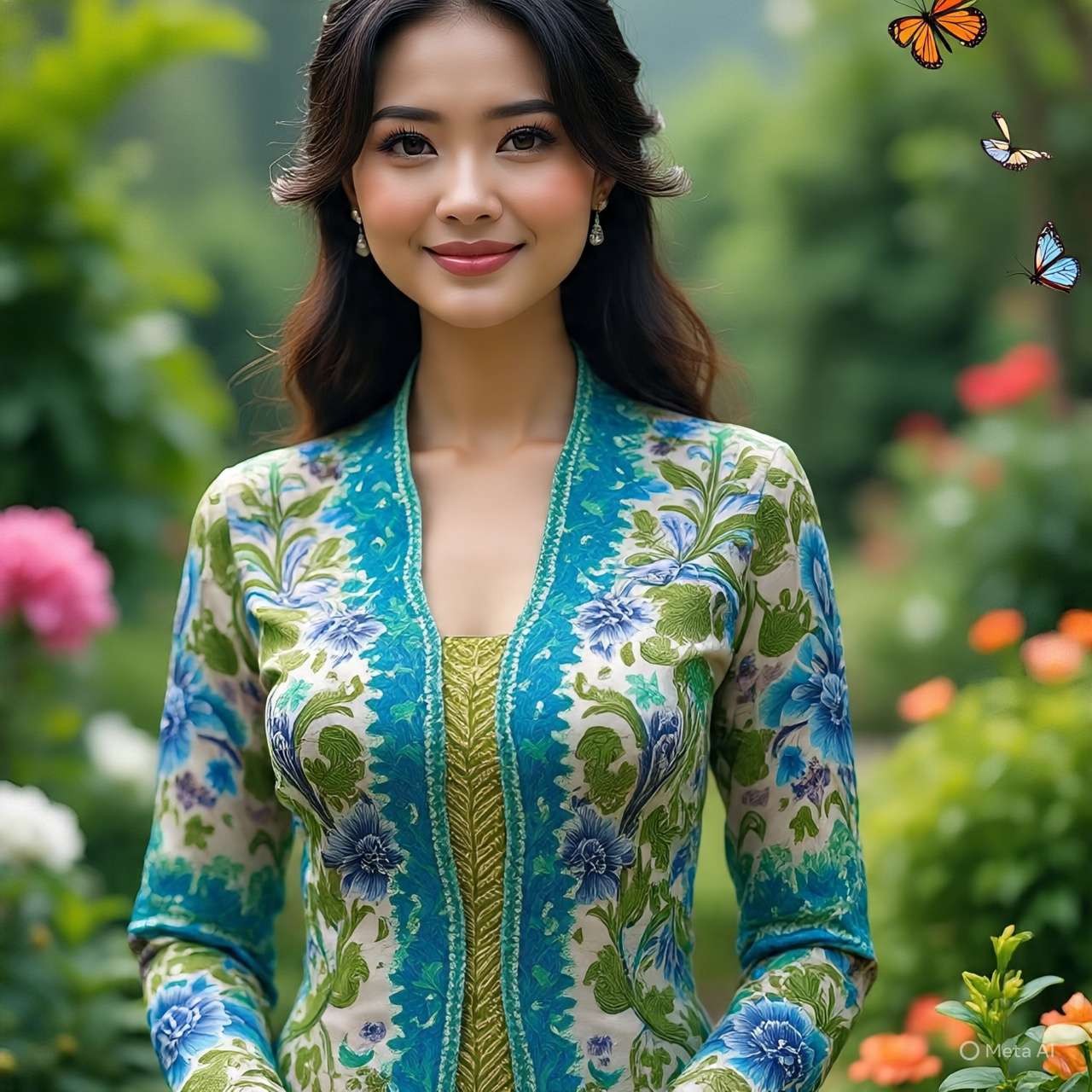 Seorang wanita sedang menggunakan pakaian batik.