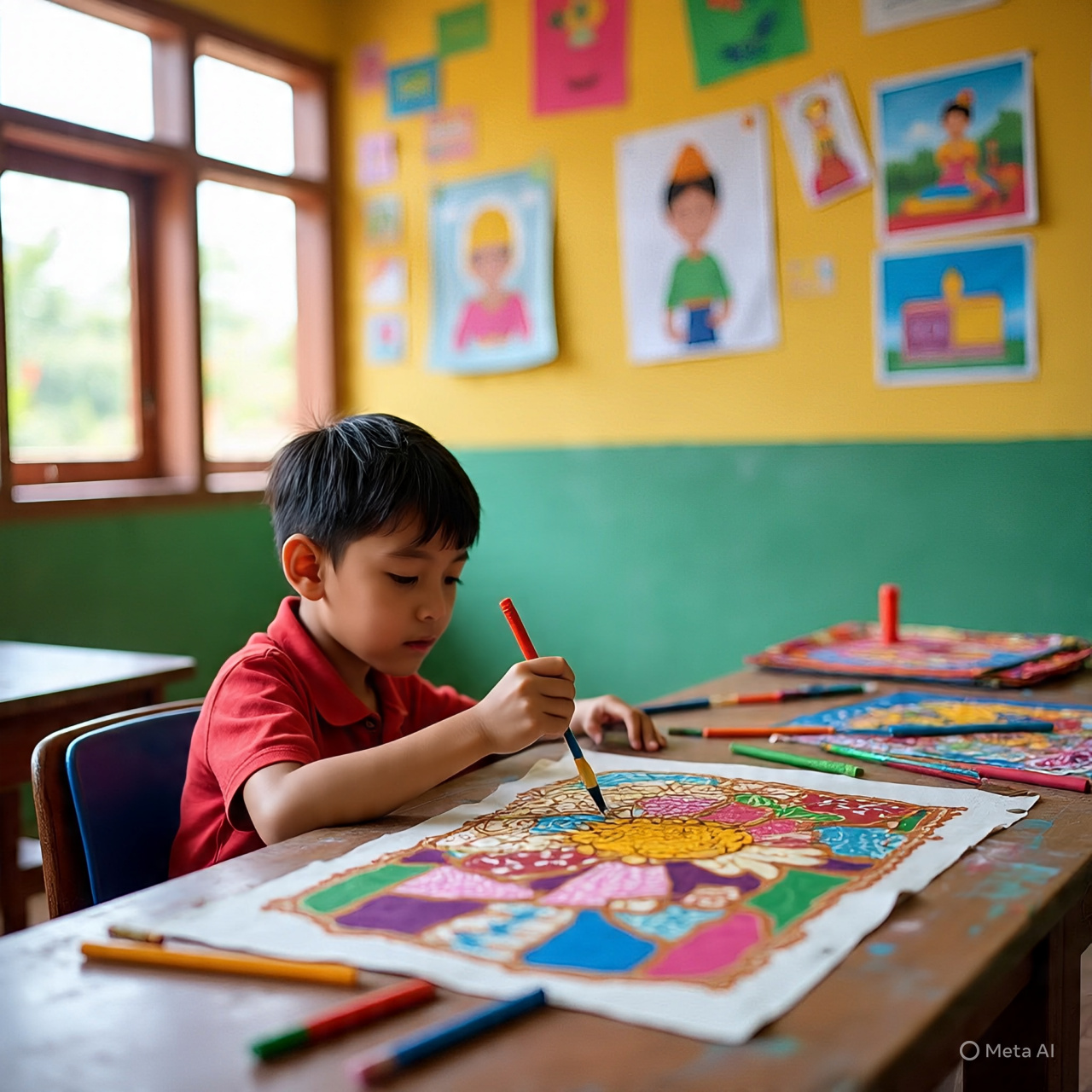 Seorang anak sedang menggambar batik di kertas gambar.