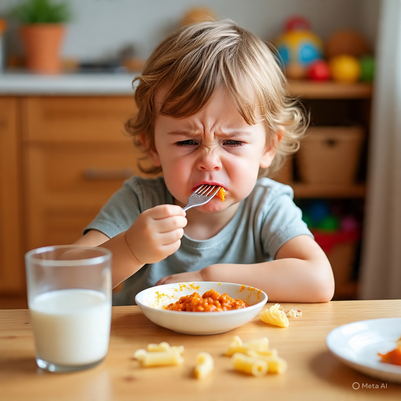 Ekspresi seorang anak yang sedang makan tetapi makanannya tidak sedap.