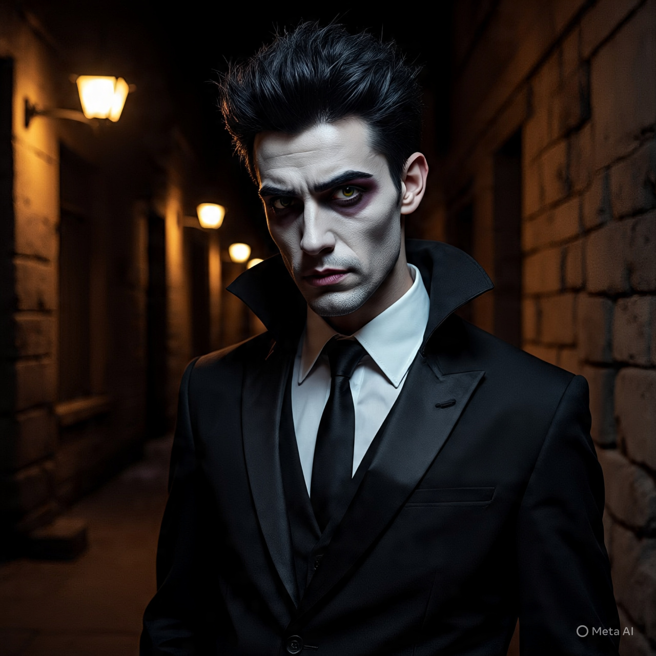Seorang pria yang sedang cosplay vampire ketika pesta Halloween.
