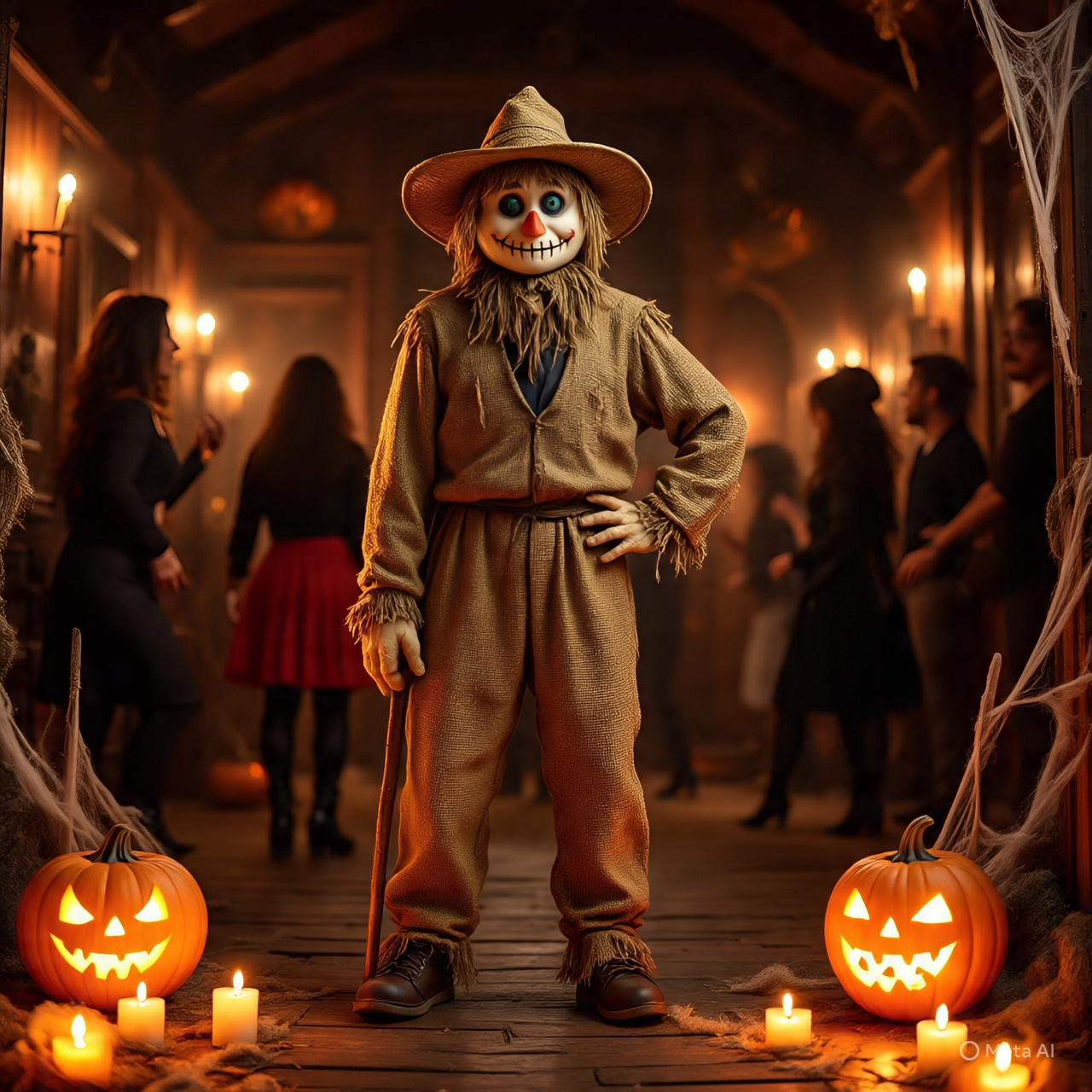 Seorang pria yang sedang cosplay orang orangan sawah ketika pesta Halloween.