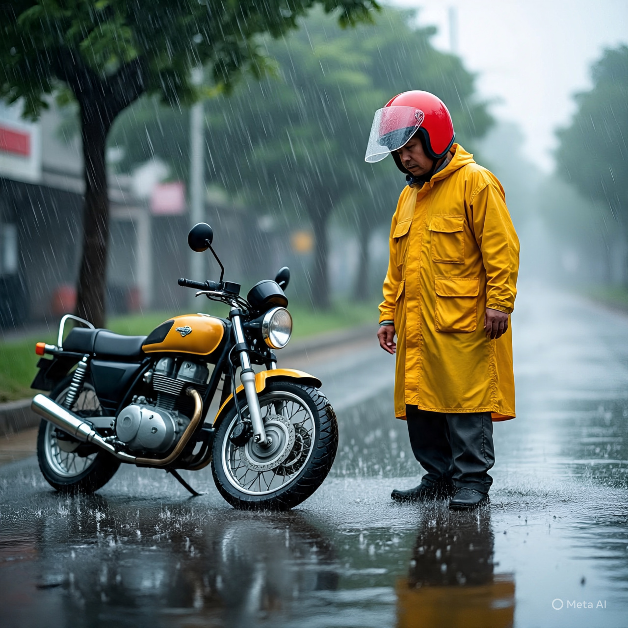 ILUSTRASI cara mengatasi motor mogok ketika di tengah hujan deras.