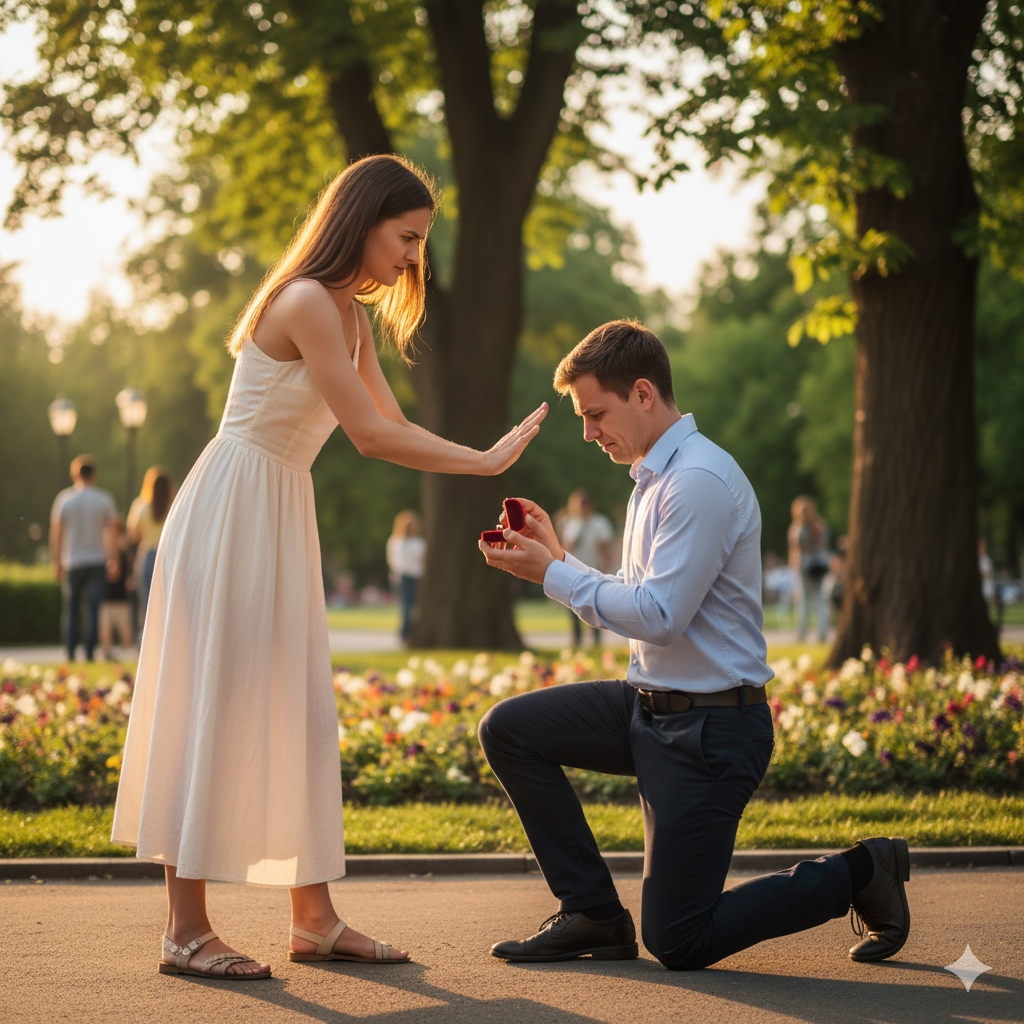 Ilustrasi seorang wanita yang menolak pernyataann cinta seorang pria.