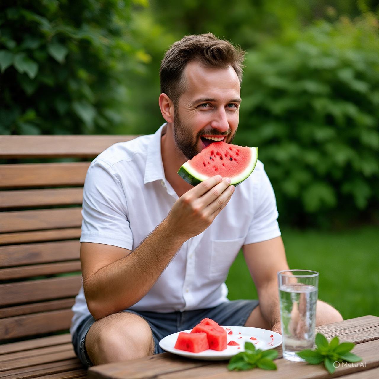 Ilustrasi seorang pria yang sedang memakan semangka.