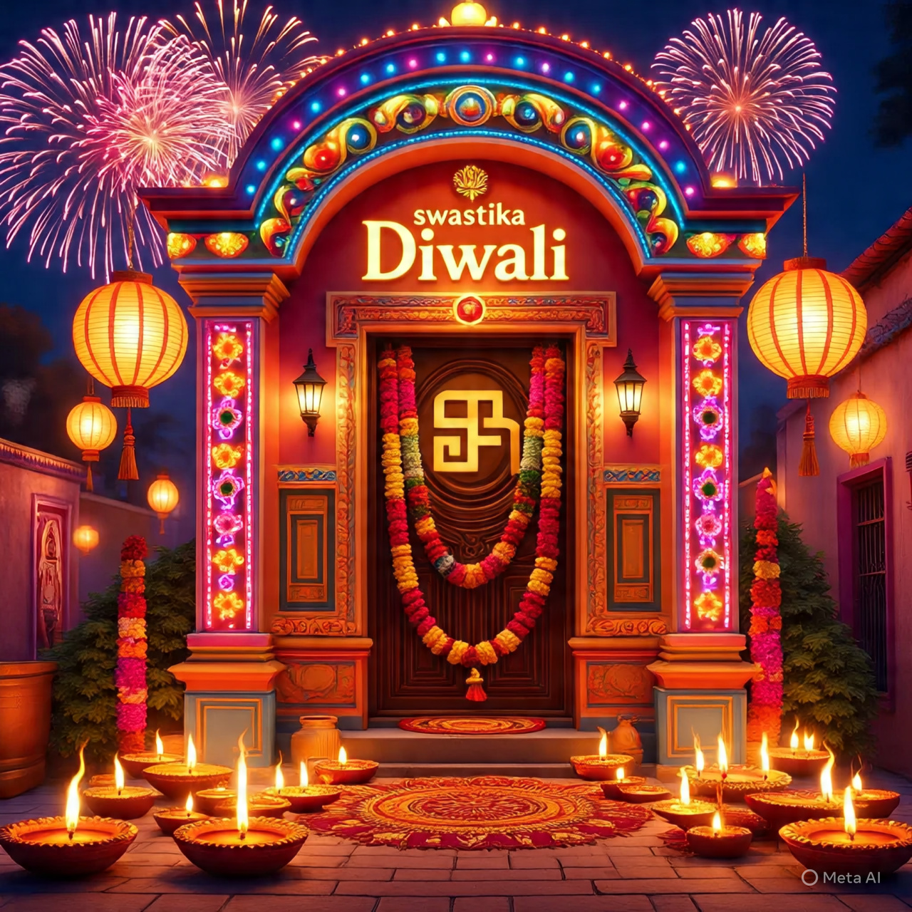 Ilustrasi sebuah rumah dengan dekorasi Diwali.