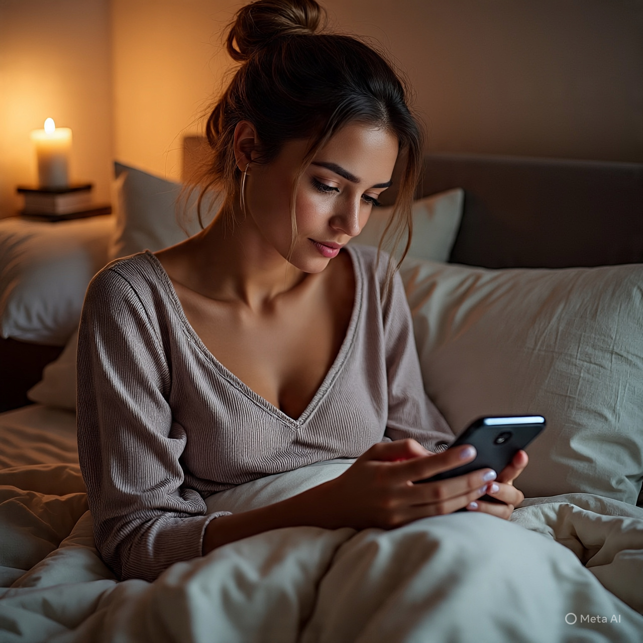 Ilustrasi seorang wanita sedang scroll media sosial sebelum tidur.