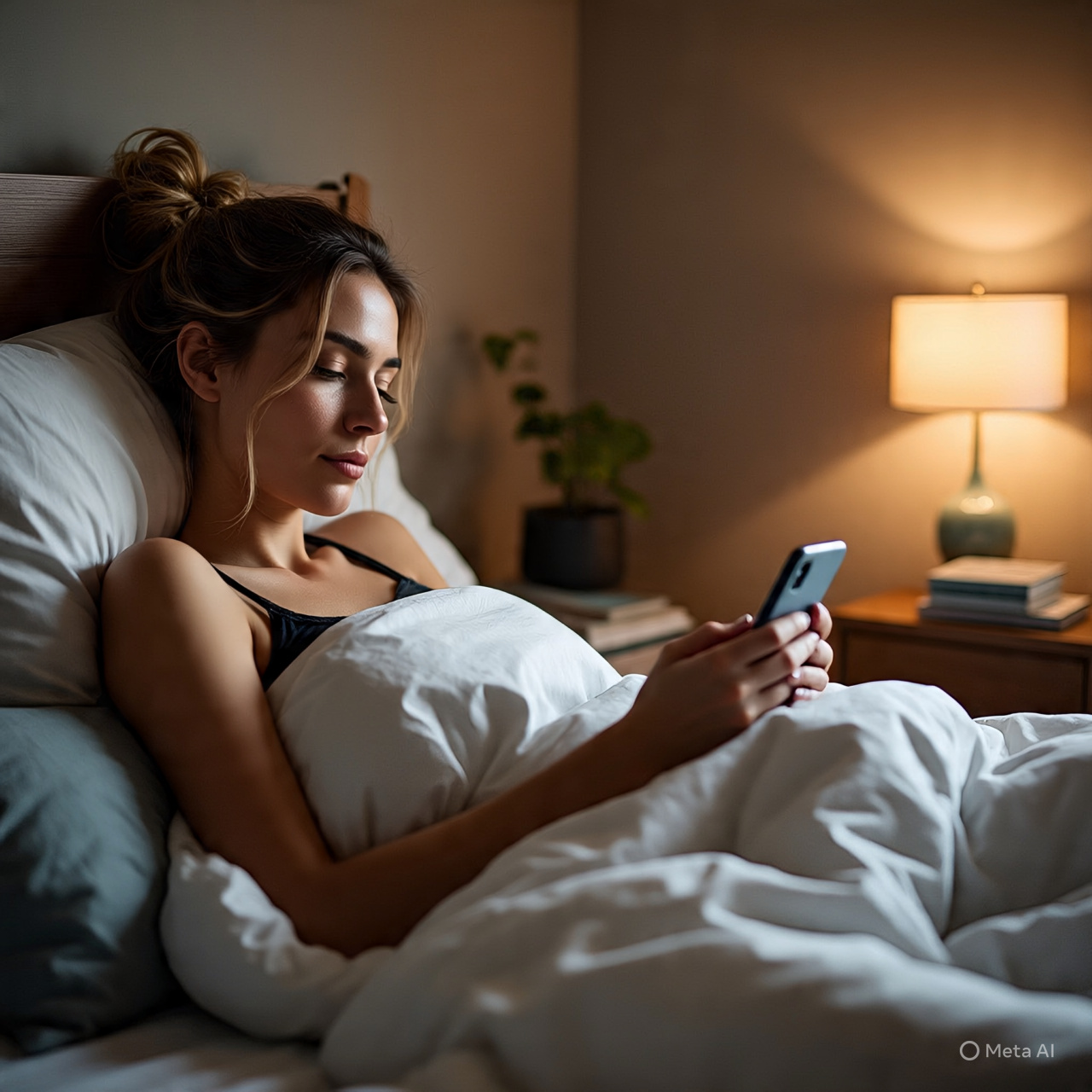 Ilustrasi seorang wanita sedang scroll media sosial sebelum tidur.