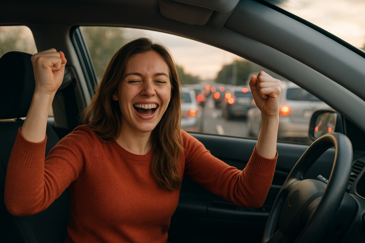 Ilustrasi seorang wanita yang sedang happy walaupun terjebak macet.