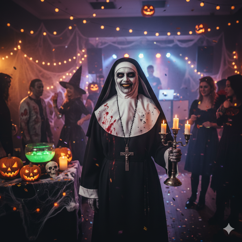 Ilustrasi seseorang yang cosplay Valak saat pesta Helloween.