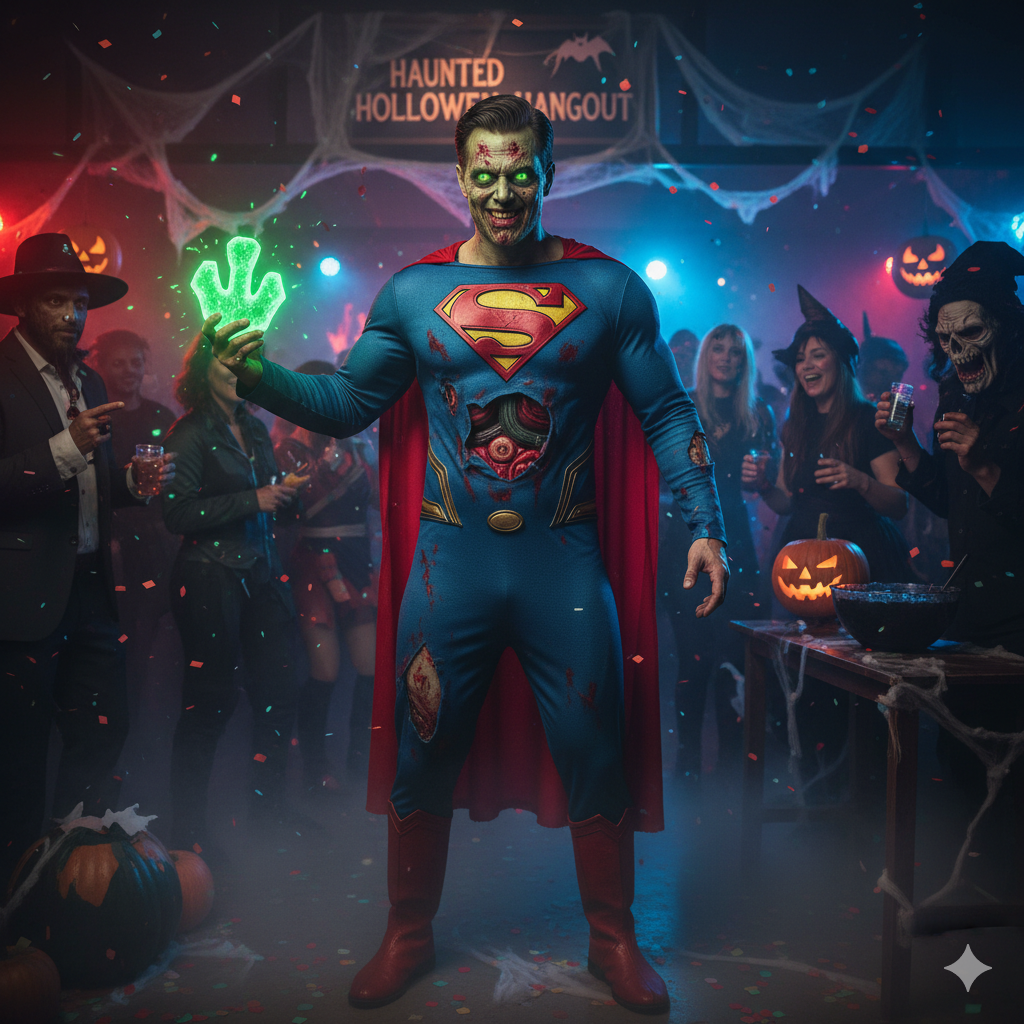Ilustrasi seseorang sedang cosplay Superman saat pesta Helloween.