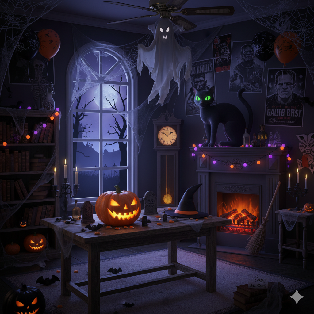 Ilustrasi dekorasi ruangan saat pesta Helloween.