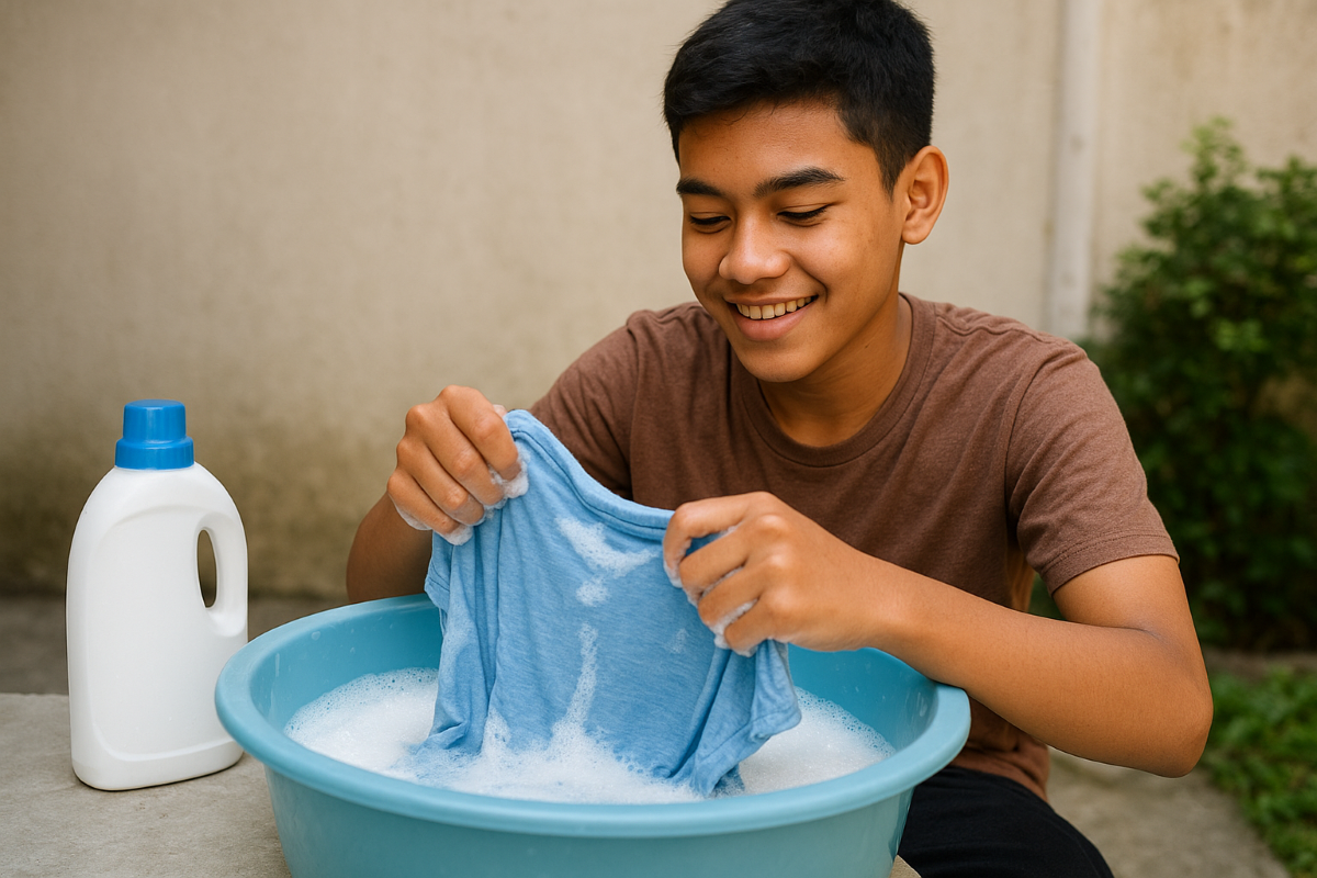 Ilustrasi mencuci pakaian hasil thrifting.