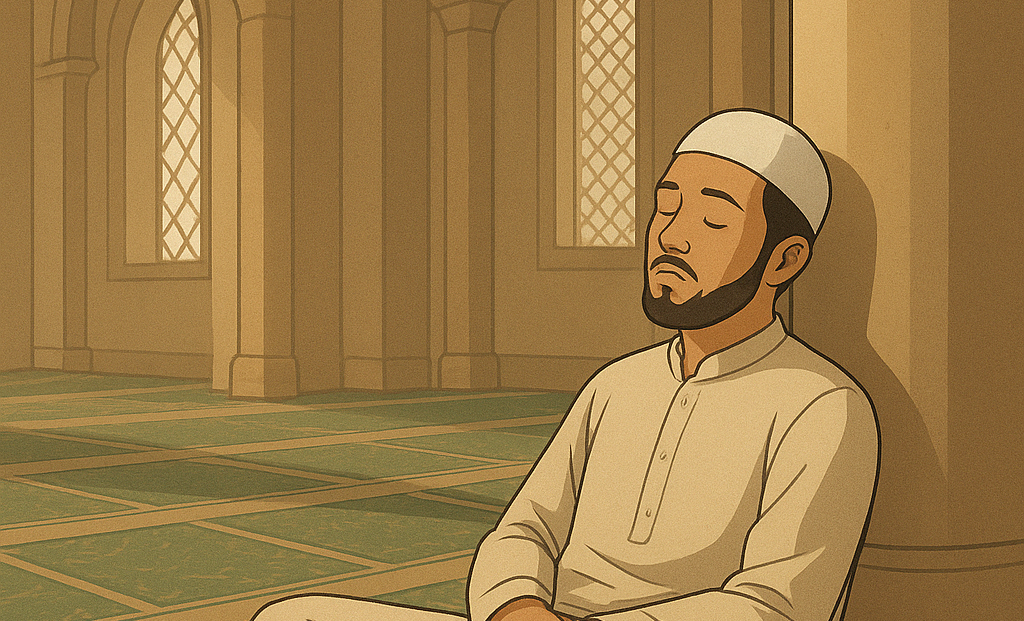 Ilustrasi seorang pria sedang beristirahat di masjid.