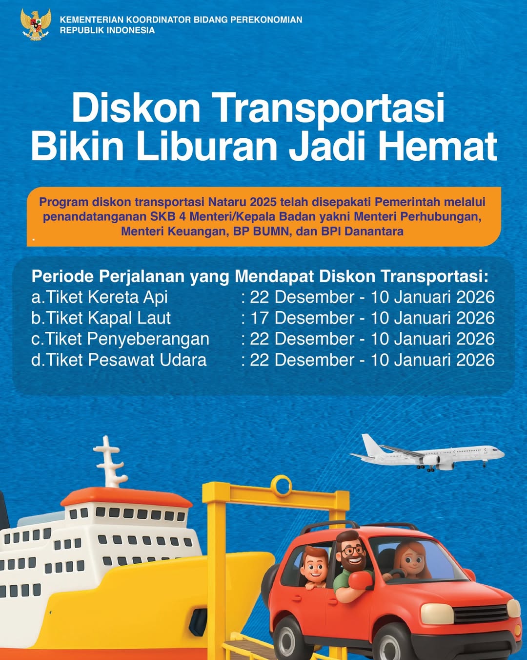 Daftar diskon tiket transportasi saat Nataru 2025/2026.