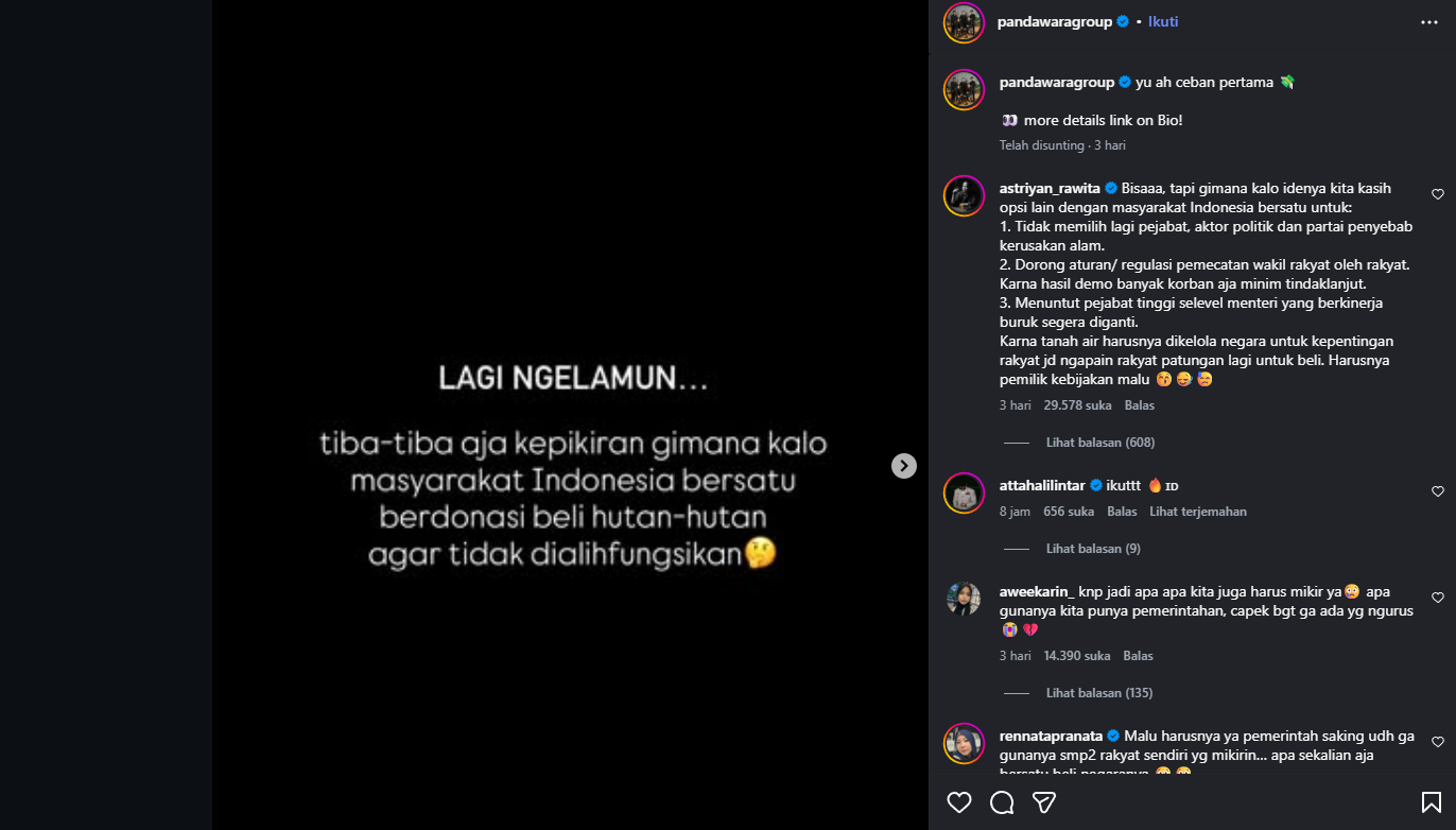 Pandawara Grup mengusulkan untuk menggalang dana demi beli hutan agar tidak dialihfungsikan.