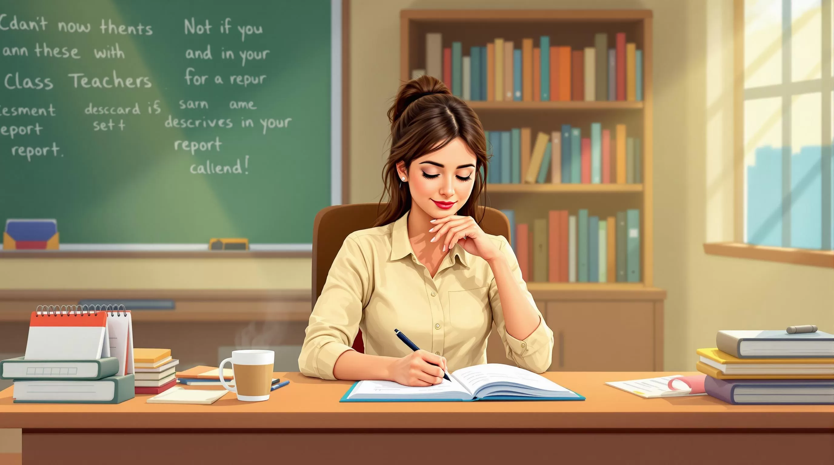 Ilustrasi seorang wali kelas memberi catatan kepada murid-muridnya.
