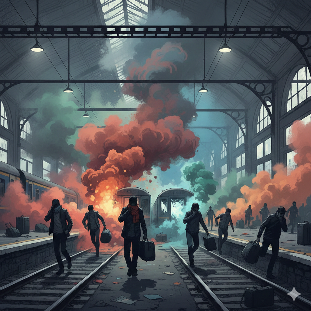Ilustrasi penyerangan bom asap di stasiun.
