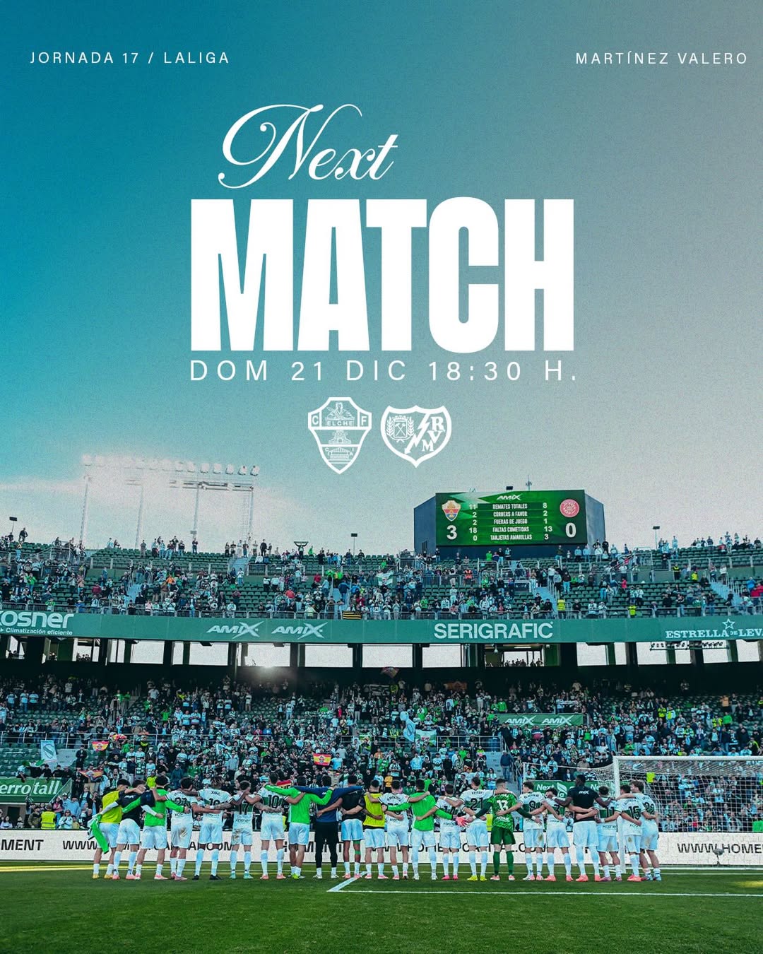 Elche akan menjamu Rayo di pekan ke -17 La Liga 2025/2026.