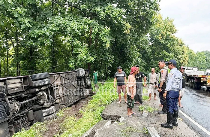 TERGULING: Anggota Satlantas Polres Situbondo dan warga meninjau bus lorena terbalik di jalan Raya Hutan Baluran, kilometer 236 arah Surabaya, Selasa lalu (20/1).