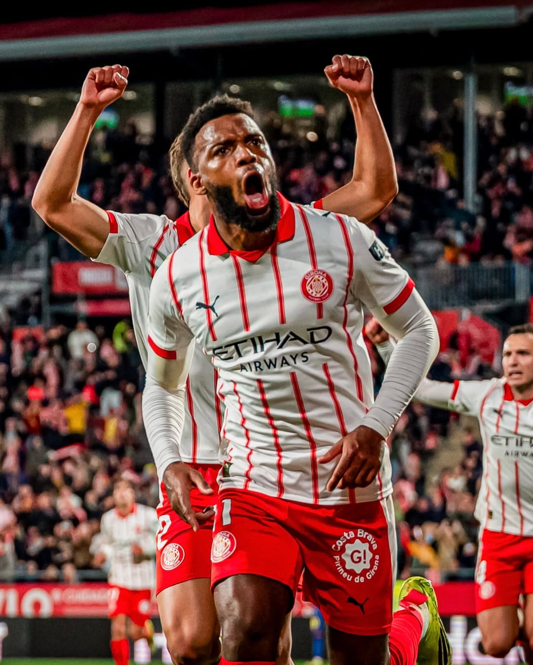 Selebrasi pemain Girona usai berhasil mengalahkan Barcelona.
