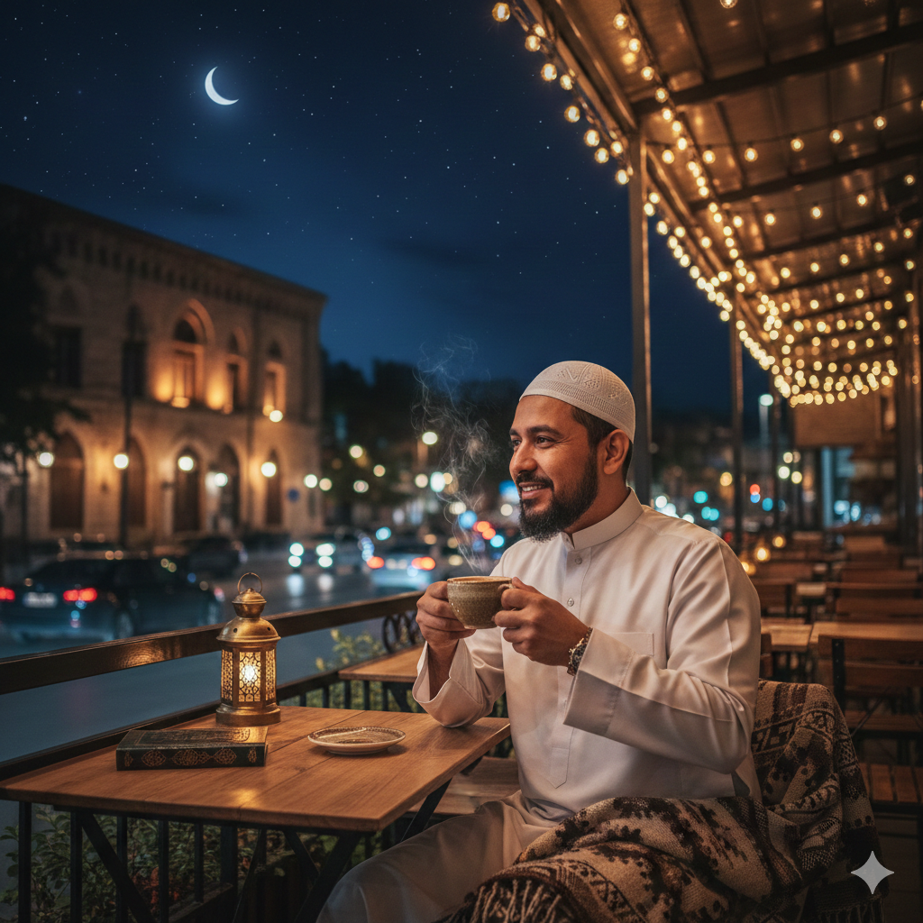 Ilustrasi minum kopi di bulan Ramadan.