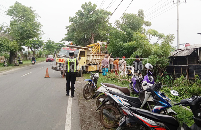 TERGULING: Anggota Satlantas Polres Situbondo mengawasi proses evakuasi truk yang masuk ke jurang di pinggir Jalan Raya, Desa Seletreng, Kecamatan Kapongan, Minggu (22/2). 